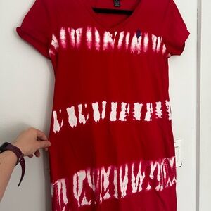 Polo Ralph Lauren red and white tie dye v neck style t shirt dress. Size med